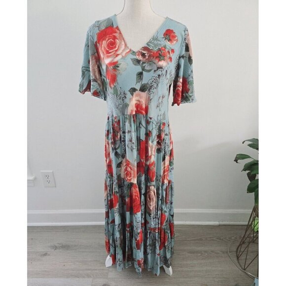 Soft Surroundings First Blooms Rose Floral V-Neck Tiered Pullover Maxi Dress M - Picture 2 of 12